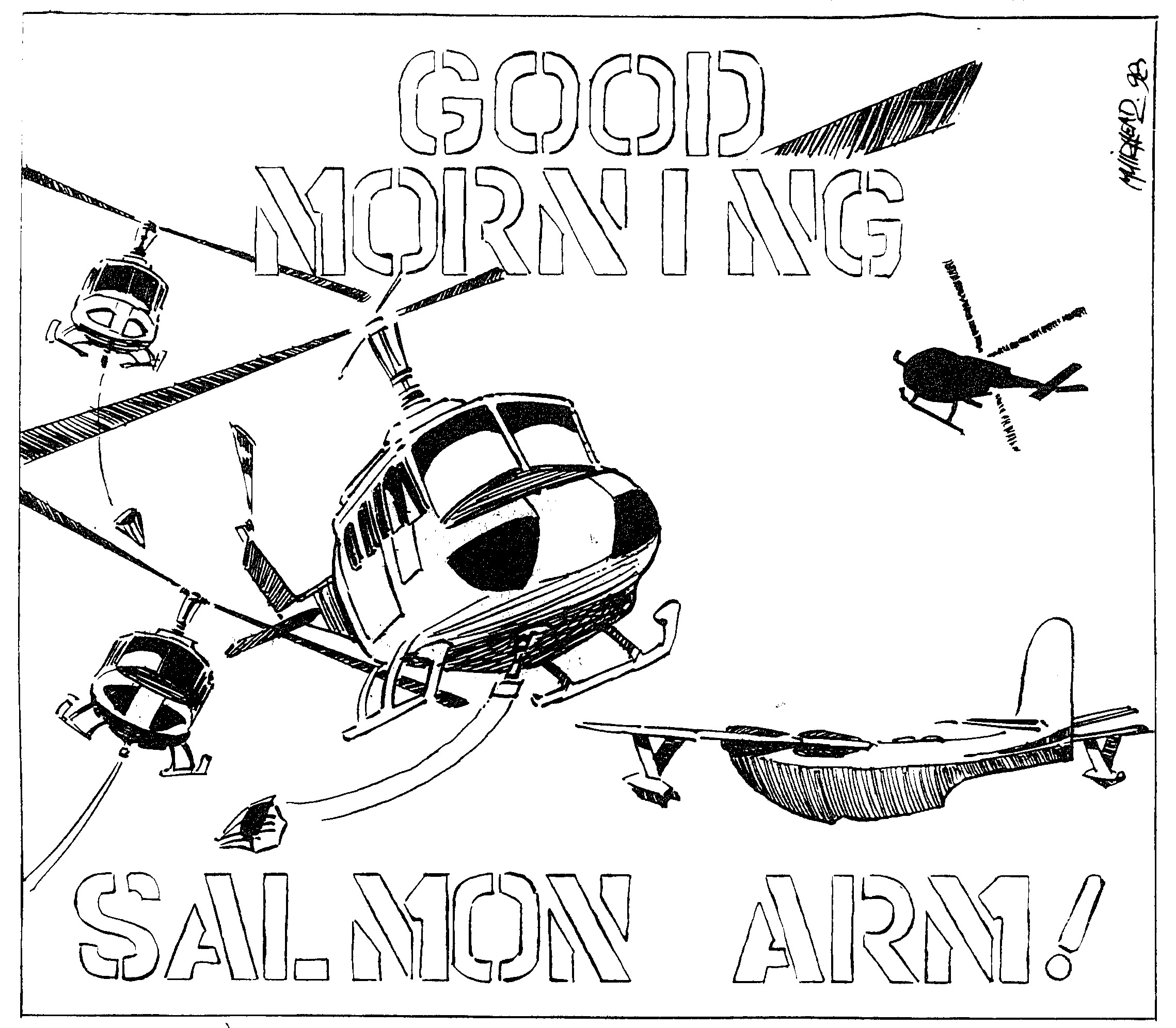 Caricature d'hélicoptères et d'avions en plein ciel.