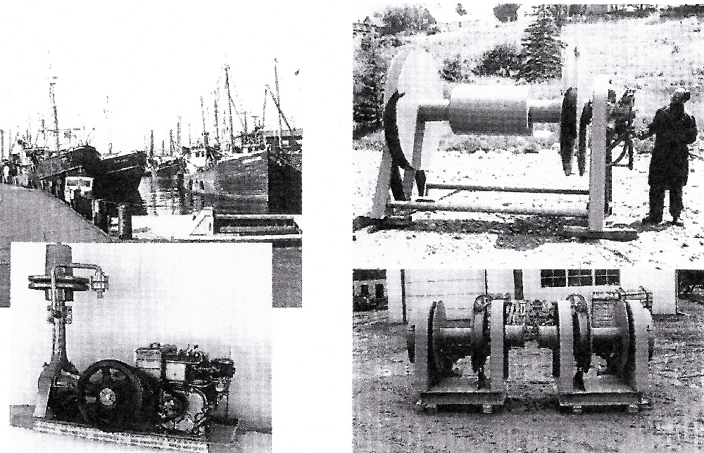 Un ensemble de photos en noir et blanc montrant : une flotte de pêche amarrée à quai ; un grand treuil circulaire de plus de quinze pieds ; un moteur  « make and break » ; deux treuils plus petits avec une plateforme pour pouvoir les boulonner au pont du bateau. On les appelle souvent des treuils à palandre.