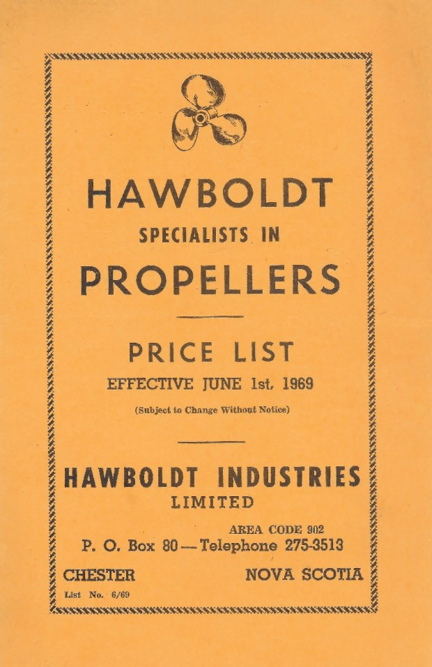 La couverture jaune d’une brochure montrant le dessin d’une hélice à l’encre noire avec une liste des prix au 1er janvier 1969. Elle fait la publicité de Hawboldt Industries Limited en tant que spécialiste en hélices.