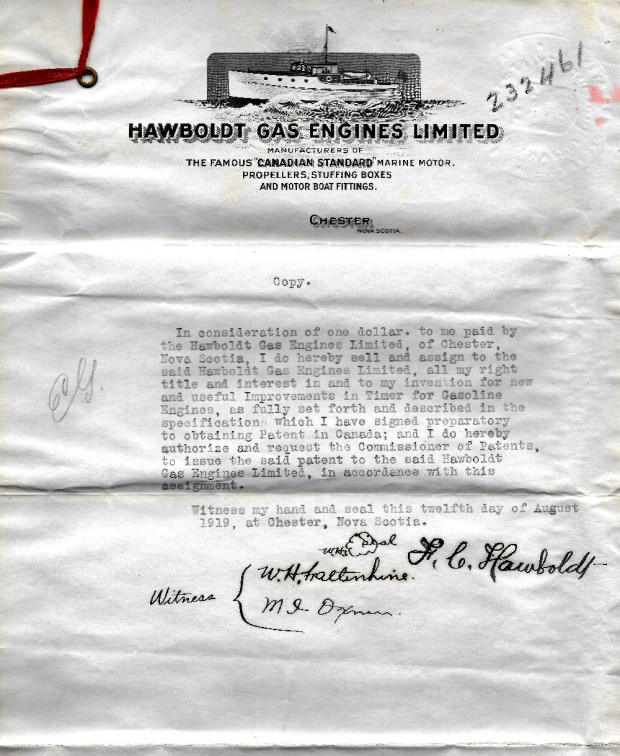 Une copie de l’accord donnant les droits pour l’amélioration utile de la minuterie pour le nouveau moteur à essence de Hawboldt Industries Ltd. Par Forman Hawboldt le 12 août 1919. 