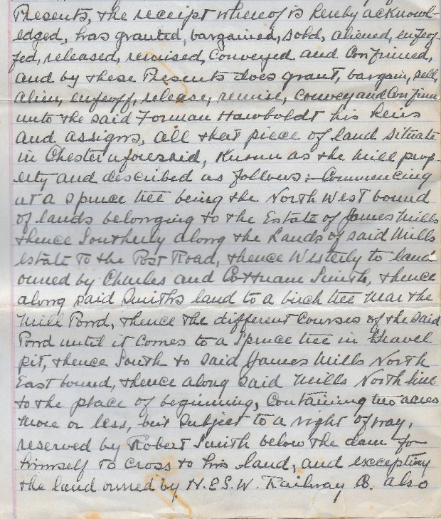 Une copie de la première page manuscrite de l’acte notarié transférant le terrain   pour la fonderie et le terrain de la maison à Forman Hawboldt ses héritiers et ayants droit. Il décrit en détail les terrains de la maison et de la fonderie.