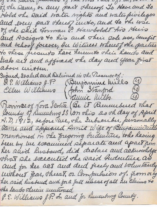Un extrait manuscrit de l’acte notarié de Benjamin Mills, son épouse et John Stanford donnant des droits relatifs à eau à Forman Hawboldt le 20 avril 1912.