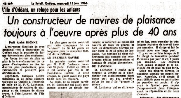 Numérisation d'un article de journal intitulé « Un constructeur de navires de plaisance toujours à l’œuvre après plus de 40 ans ». L’article est signé par André Dionne, publié sous le thème « l’île d’Orléans, un refuge pour les artisans ».