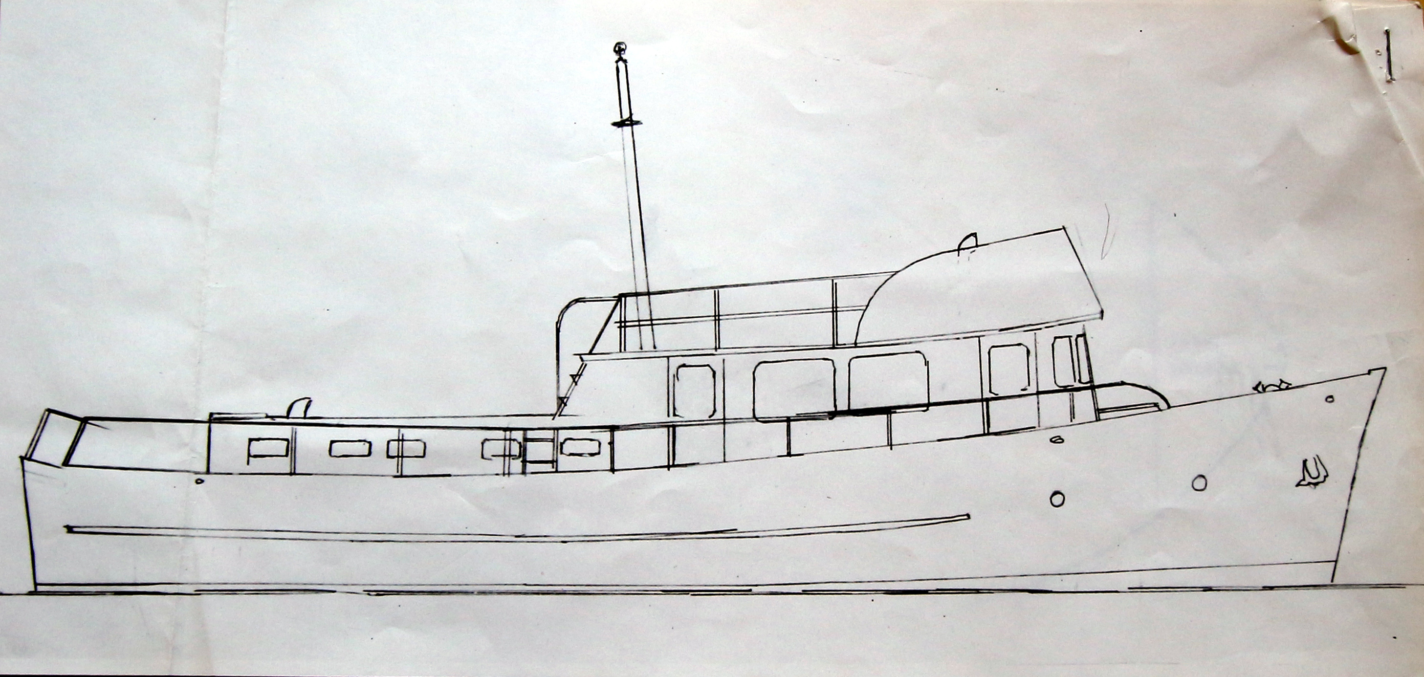 Dessin d’un bateau de plaisance vue de profil, montrant la coque, la cabine et le mat.