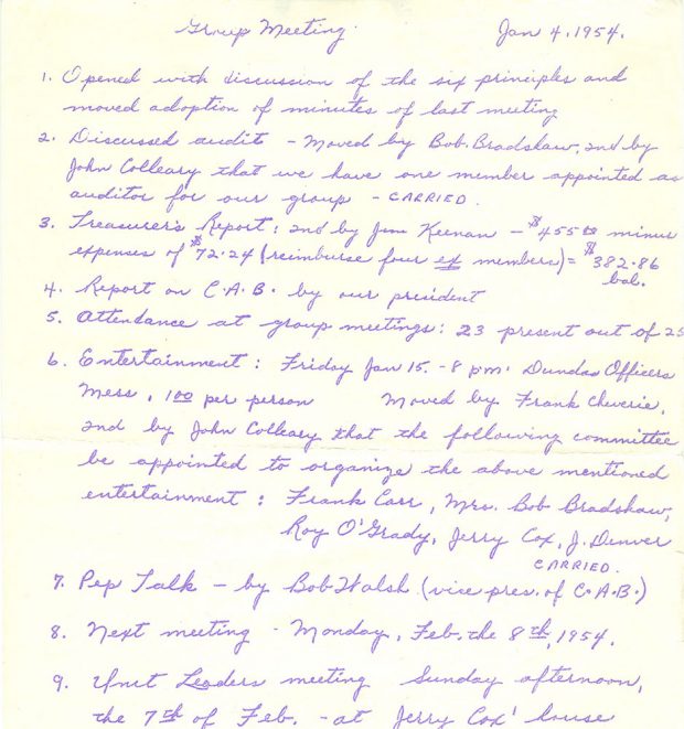 Compte-rendu de réunion manuscrit ; en haut : Réunion de groupe du 4 janvier 1954.