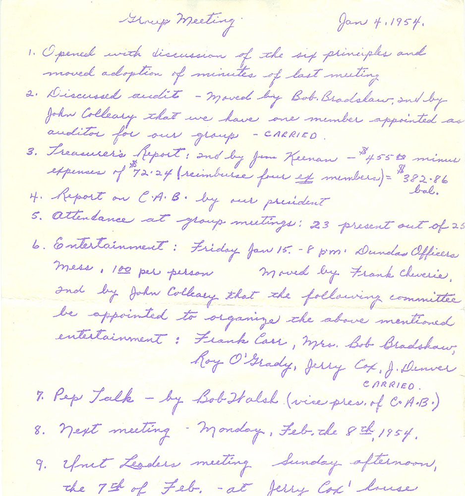 Compte-rendu de réunion manuscrit ; en haut : Réunion de groupe du 4 janvier 1954.
