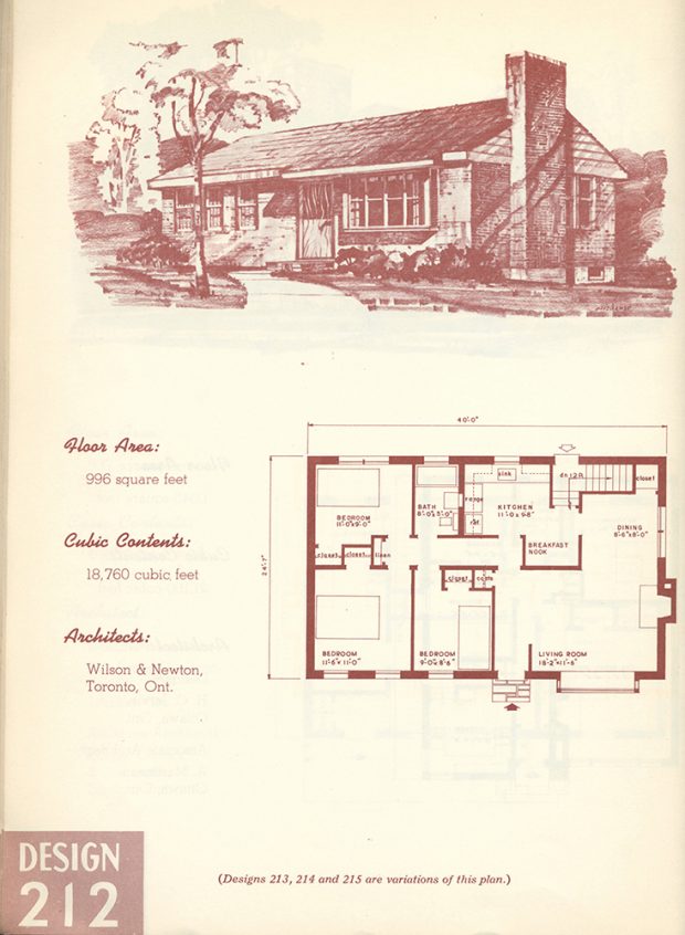 Plan d’une maison à un niveau ; plan 212, de 92,5 m2 (996 pi2) de surface au sol, en haut de la page.