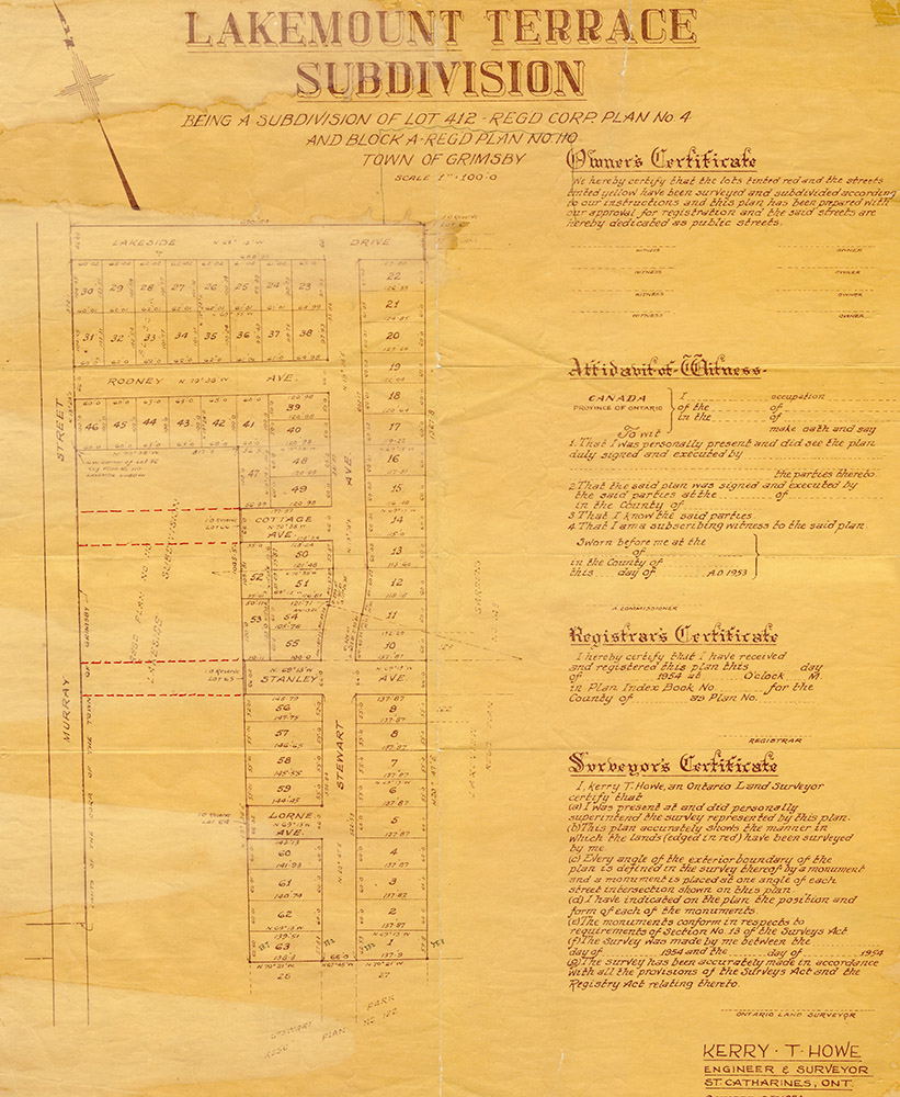 Scan couleur du plan du lotissement Lakemount Terrace ; le plan est à gauche avec les numéros des maisons, et sur la droite sont montrés les permis de construire.