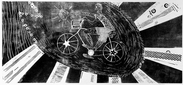 Œuvre d’art : gravure d’un enfant à vélo.