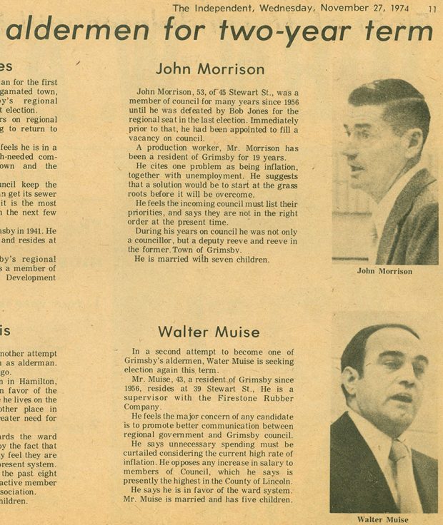 Article de presse au sujet de deux hommes candidats au poste d’échevin pour deux ans, John Morrison et Walter Muise.
