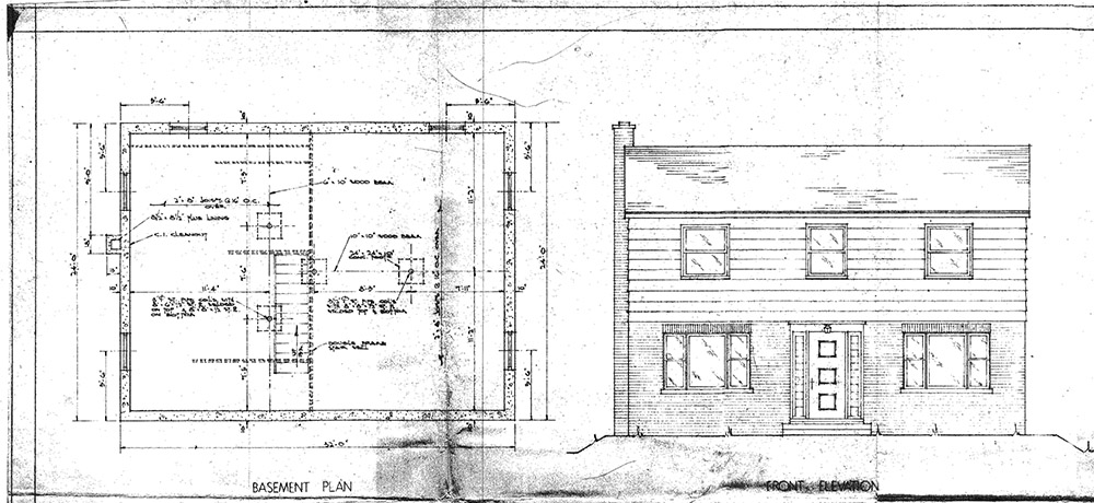 Dessin noir et blanc d’un plan de maison ; dessin intérieur du plan du sous-sol et de la façade.