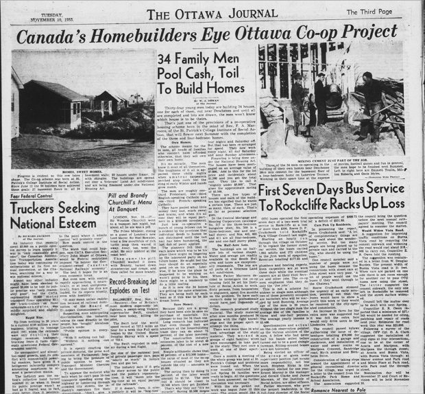 Article de presse de l’Ottawa Journal du 10 novembre 1953 – Les constructeurs de maisons examinent le projet de coopérative d’habitation d’Ottawa.
