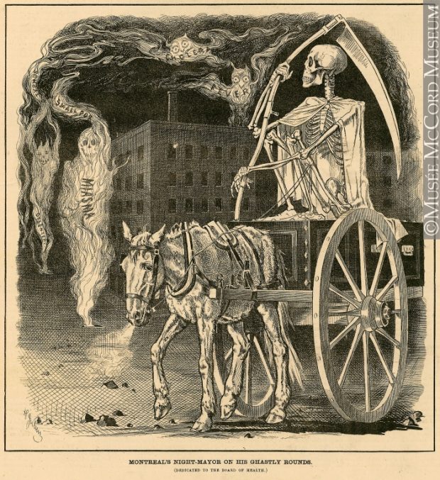 La mort sur un chariot tiré par un cheval dans les rues de Montréal, surplombant les vapeurs (miasme) contenant des inscriptions de dysenterie, de typhoïde, de variole, de choléra et de fièvre
