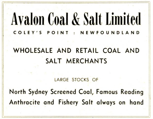 Publicité imprimée pour l’entreprise Avalon Coal & Salt Ltd, marchands de charbon et de sel en gros et au détail. 