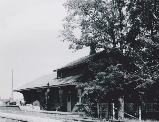 Image en noir et blanc d’une gare avec des gens sur la plate-forme et un grand arbre à côté de l’édifice