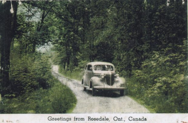Photo couleur d’un véhicule ancien qui longe une rue bordée par des arbres et du feuillage