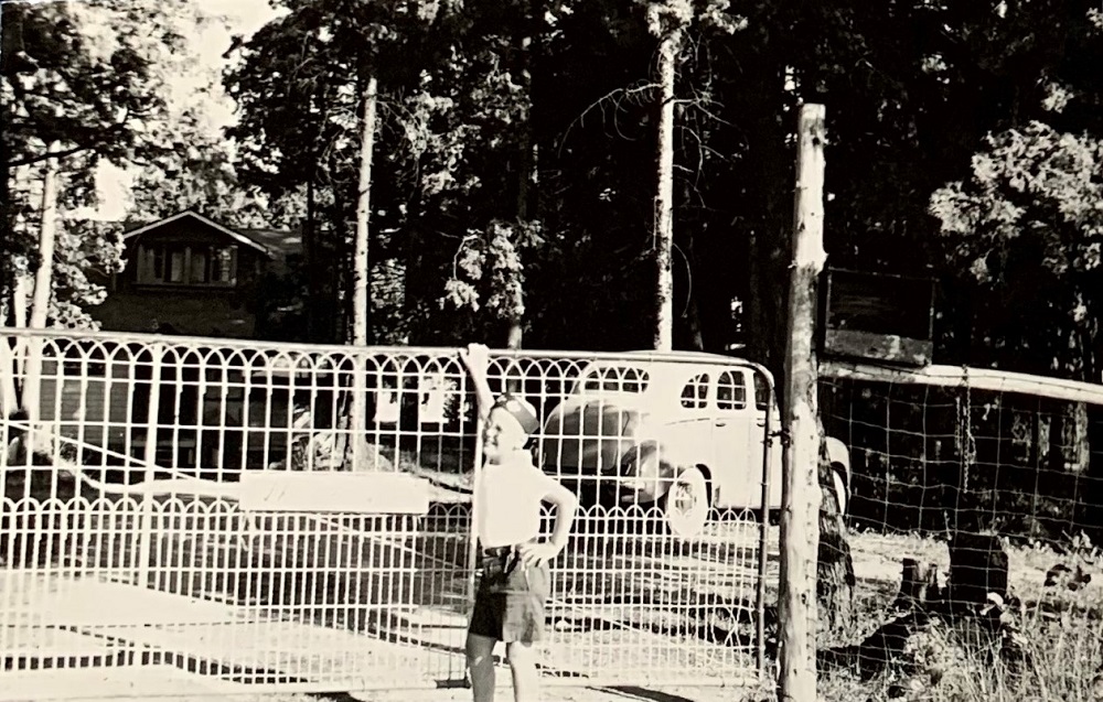 Photo en noir et blanc d’un enfant qui se tient debout à côté d’un portail en métal, avec un bâtiment, des arbres et une voiture ancienne à l'arrière-plan
