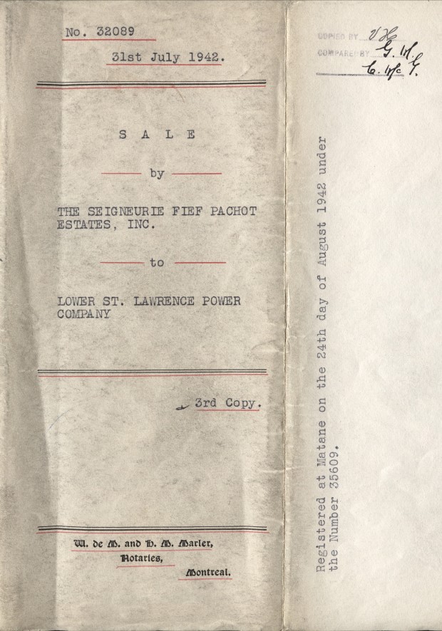 Page couverture du contrat de vente de la Seigneurie Fief Pachot à la Compagnie du Pouvoir du Bas-Saint-Laurent.