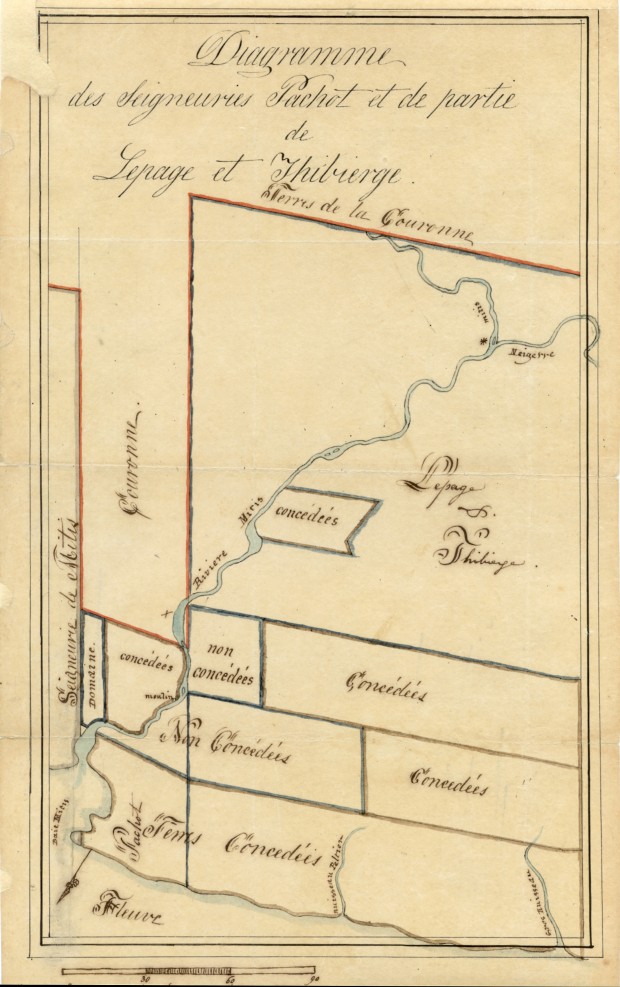 Carte de 1829 montrant les trois seigneuries concédées le long de la rivière Mitis durant le régime français - La Seigneurie de Mitis ou de Piera, la Seigneurie Pachot et la Seigneurie Lepage et Thibierge.