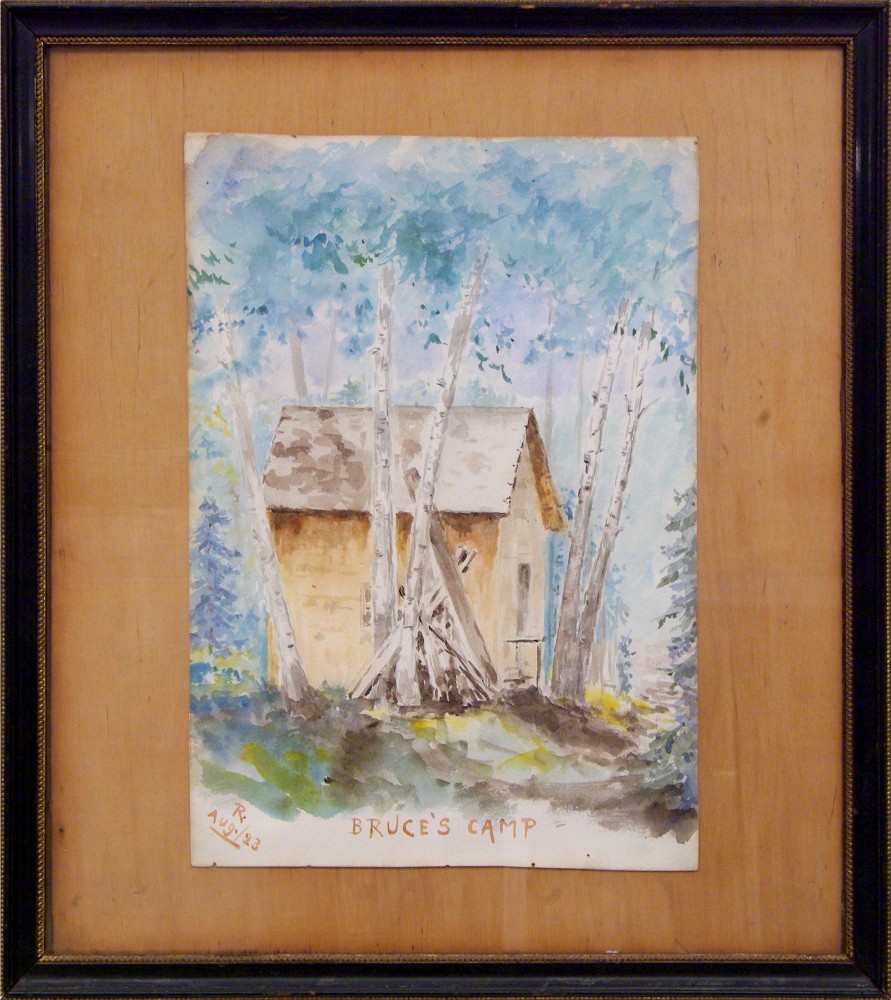 Aquarelle de Robert Wilson Reford du camp de Bruce. c'est un camp modeste faite d'une structure d'épinette et recouverte de bardeau de cèdres, située sur le rivage de la rivière Mitis.