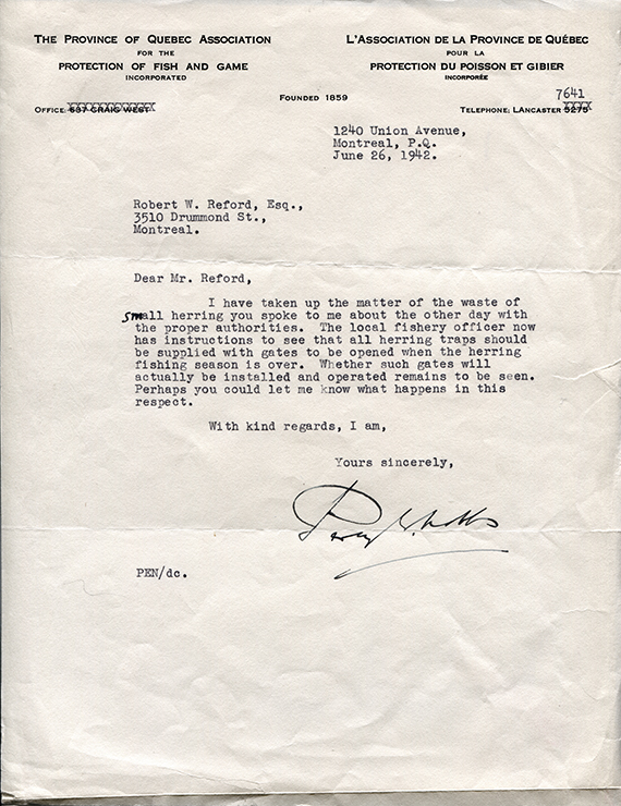 Lettre du président de l’Association de la Province de Québec pour la protection du Poisson et Gibier pour Robert Wilson Reford.