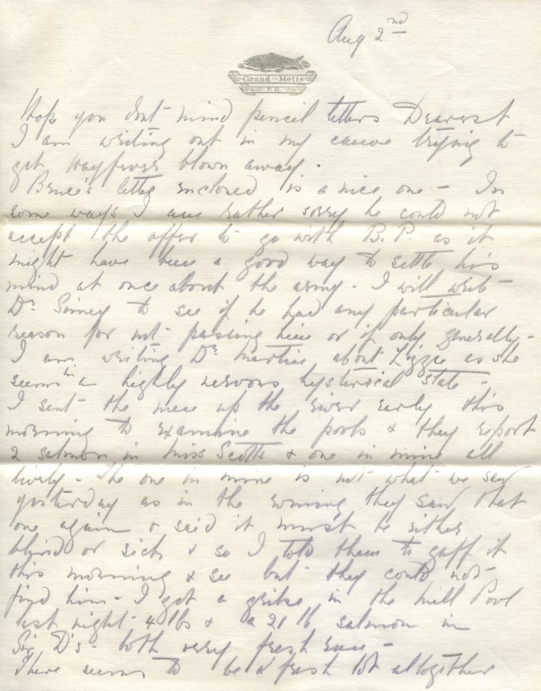 Extrait d'une lettre écrite par Elsie Reford destinée a son mari Robert Wilson Reford, relatant ses succès à la pêche sur la rivière Mitis.