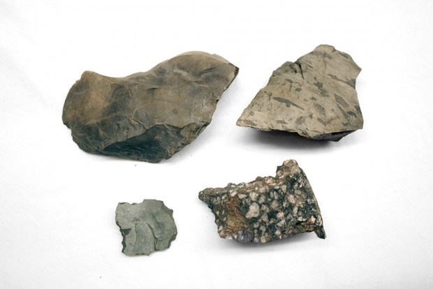 Quatre pierres grises, travaillé en différentes formes pour devenir des outils
