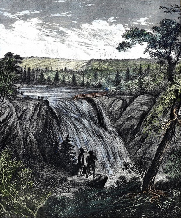 Lithographie représentant un paysage bucolique dans lequel deux personnages observent les chutes de la rivière Mitis du haut d'un rocher du côté gauche de la rivière.