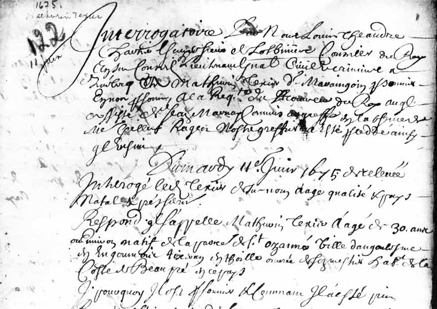Extrait d’un document d’archives manuscrit en noir et blanc tiré d’un procès pour pillage intenté contre Mathurin Tessier dit Maringouin.