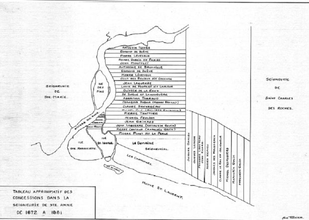 Plan cadastral approximatif en noir et blanc des terres concédées dans la seigneurie de Sainte-Anne de 1672 à 1681 avec les noms des propriétaires pour chacune d’elles.