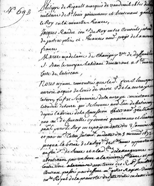 Extrait d’un document d’archives manuscrit rapportant la concession d’une terre par Philippe de Rigaud Marquis de Vaudreuil gouverneur et par Jacques Raudot intendant de la Nouvelle-France à Marie-Madeleine de Chavigny veuve de Jean Lemoyne datant de 1711.