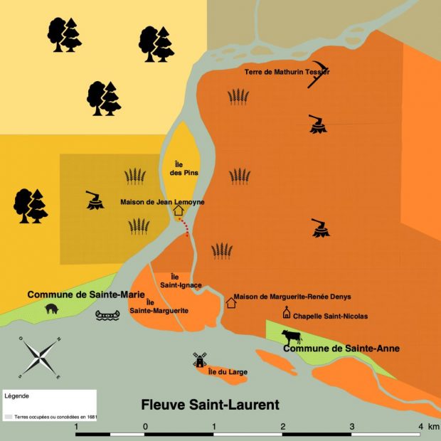 Carte topographique montrant le trajet suivi par Michel Roy entre l’Île des Pins et l’Île Sainte-Ignace.
