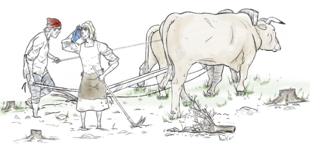 Dessin de Mathurin Tessier et Élisabeth Estourneau labourant un champ à l’aide de deux bœufs et d’instruments agraires.