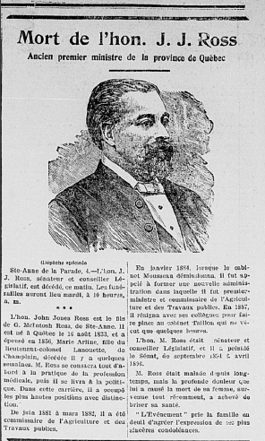 Coupure de presse annonçant la mort de l’honorable John Jones Ross ancien premier ministre de la province de Québec.