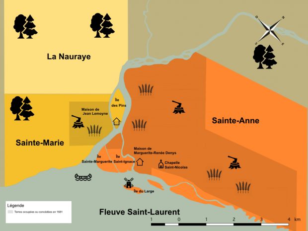 Carte topographique des seigneuries de Sainte-Marie et Sainte-Anne de part et d’autre de la rivière Sainte-Anne où l’on aperçoit l’emplacement de la maison de Jean Lemoyne.