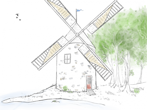 Dessin du moulin à vent de la seigneurie de Sainte-Anne de forme cylindrique avec toit conique et muni de quatre ailes situé sur une rive à la lisière de la forêt.