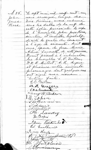 Document d’archives manuscrit où se lit l’acte d’inhumation de John Jones Ross sous les dalles de la nef dans l’église paroissiale le 7 mai 1901 trois jours après son décès.