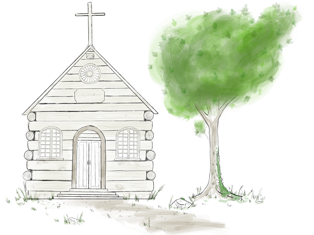 Dessin d’une petite chapelle en bois rond surmontée d’une arche avec une fenêtre de chaque côté et un œil-de-bœuf dans le pignon au-dessus duquel apparaît une croix.