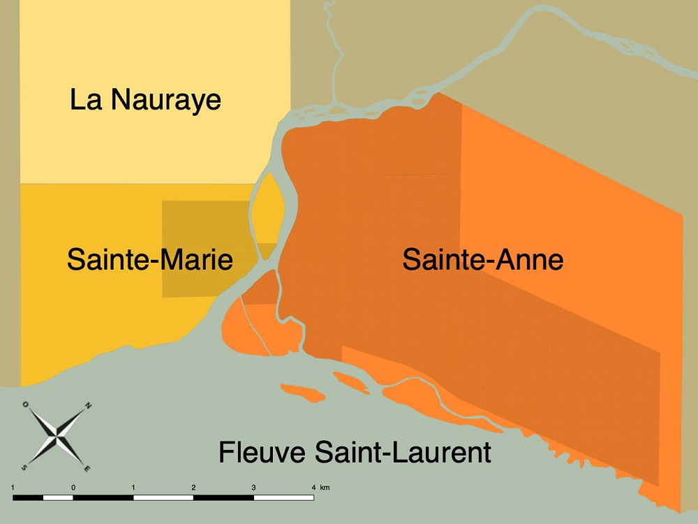 Carte topographique des seigneuries de Sainte-Anne Sainte-Marie et La Nauraye bordant la rivière Sainte-Anne qui se jette dans le fleuve Saint-Laurent.