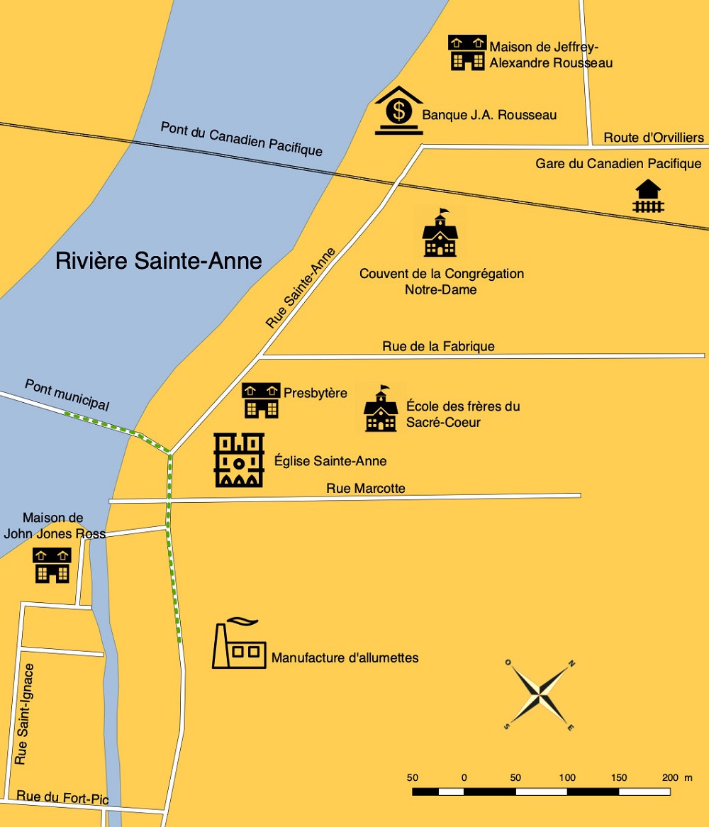 Carte topographique montrant le trajet depuis le pont municipal vers la manufacture d’allumettes.