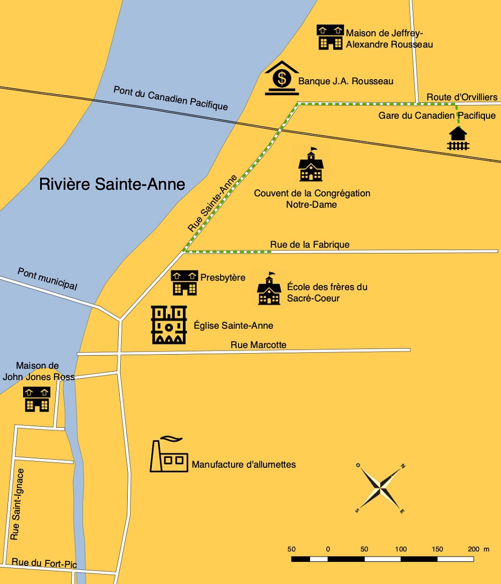 Carte topographique montrant le trajet suivi par J A Rousseau de la gare jusqu’au couvent de la congrégation de Notre-Dame puis vers l’école des frères du Sacré-Cœur.