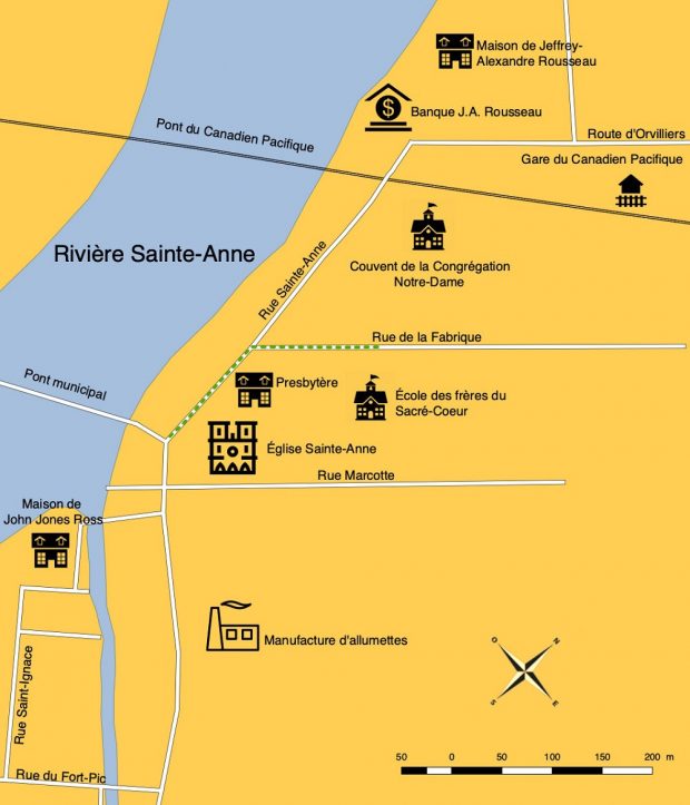 Carte topographique indiquant le trajet suivi par J A Rousseau de l’école des frères du Sacré-Cœur vers l’Église Sainte-Anne en passant devant le presbytère.