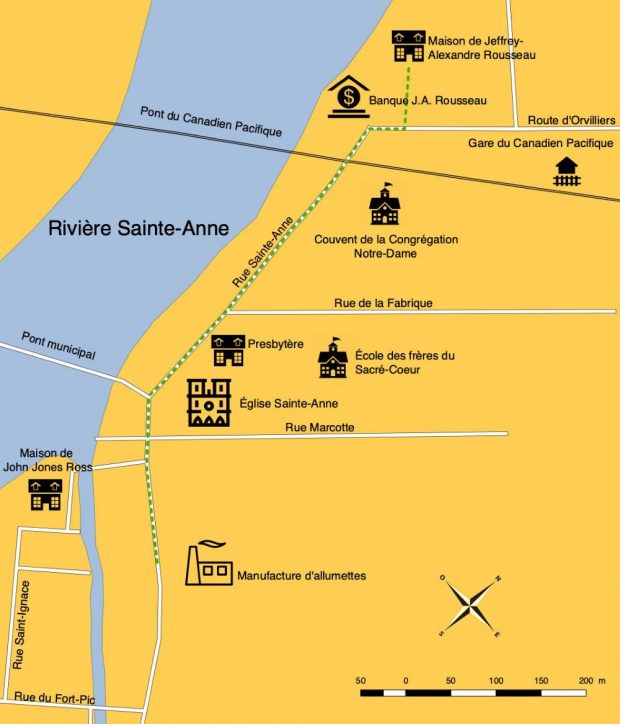 Carte topographique indiquant le trajet de la manufacture d’allumettes jusqu’à la banque puis la maison de J A Rousseau près de la gare ferroviaire.