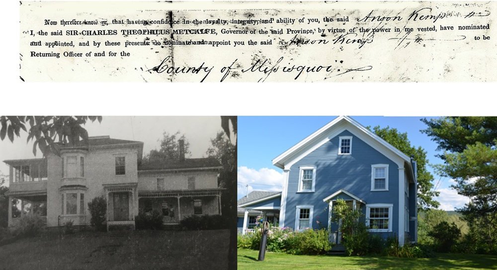 Montage de trois images: en haut, le parchemin officialisant la nomination de Anson Kemp; dessous, à gauche, la grande maison victorienne du Dr Seaton qui était aussi douanier; à droite, l’ancienne maison du meunier qui a aussi servi de port de douane.