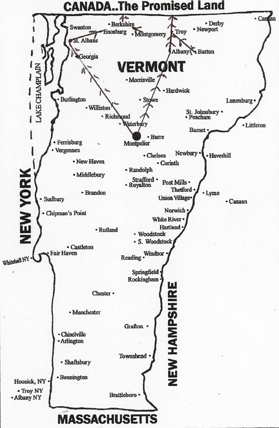 Cette carte indique le tracé du Underground Railroad à travers le Vermont; à Monpellier, il se divise en deux branches; celle de l’ouest arrive au Canada dans la région de Frelighsburg et celle l’est  franchit la frontière au sud des cantons de Sutton et de Potton.