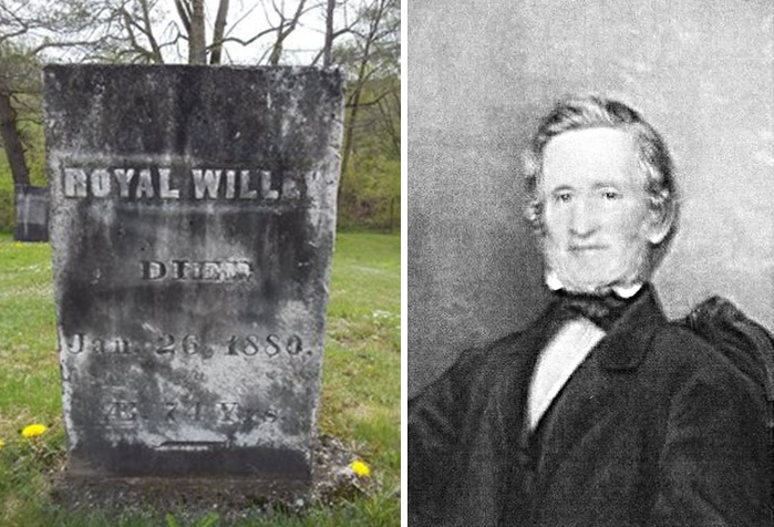 À gauche, le monument funéraire de Royal Willey; à droite, un portrait de James Willey.