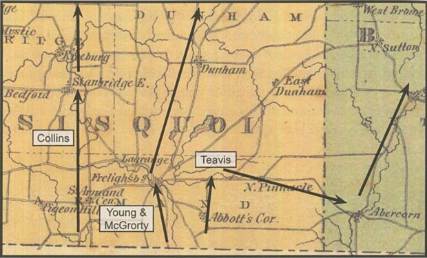 La carte illustre différents parcours de fuite près de Bedford, Dunham et North Sutton.