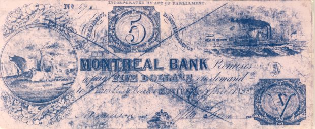 Simili d’un faux billet de 5 $ de la Banque de Montréal