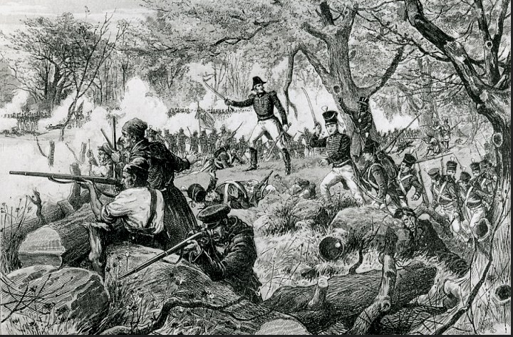 Gravure montrant des soldats en action durant la bataille de Châteauguay en 1812.