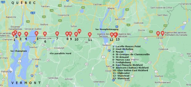 Carte positionnant 13 ports de douanes sur la frontière canado-américaine entre les lacs Champlain et Memphrémagog. De gauche à droite: Lacolle-Rouses Point, Haut Richelieu, Noyan, Saint-Georges de Clarenceville, Saont-Armand, Morse’s Line, East-Pinnacle-Richford, Abercorn (Sutton)-Richford, Glen Sutton-Richford, Highwater, Stantead et Stantead.